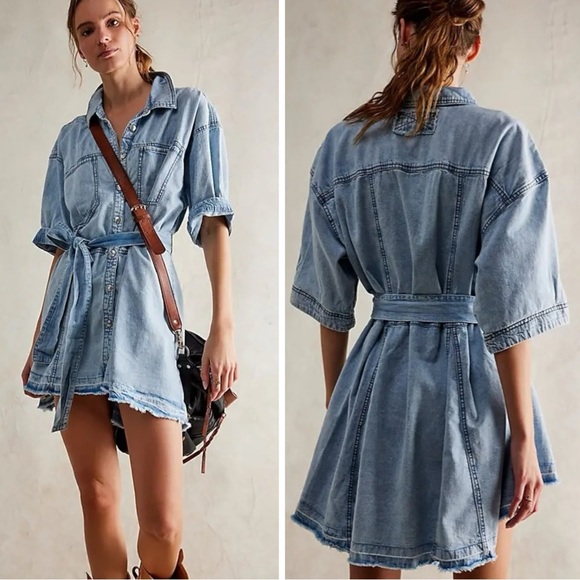 Free People Western Bohemian Oversized Jenny Denim Tunic Top Dress Large Indigo - Picture 1 of 16